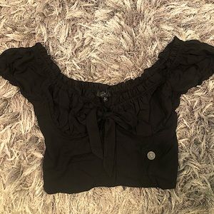 Ruffle sleeve top with buttons and tie bow